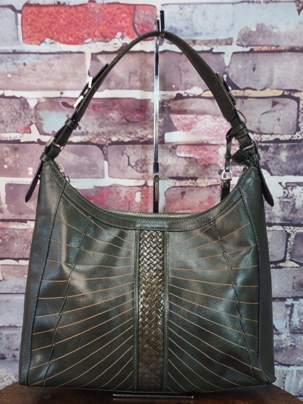 Cole Haan "Hurache Square" Woven-Accent Leather Hobo with Tassel - Picture 4 of 15